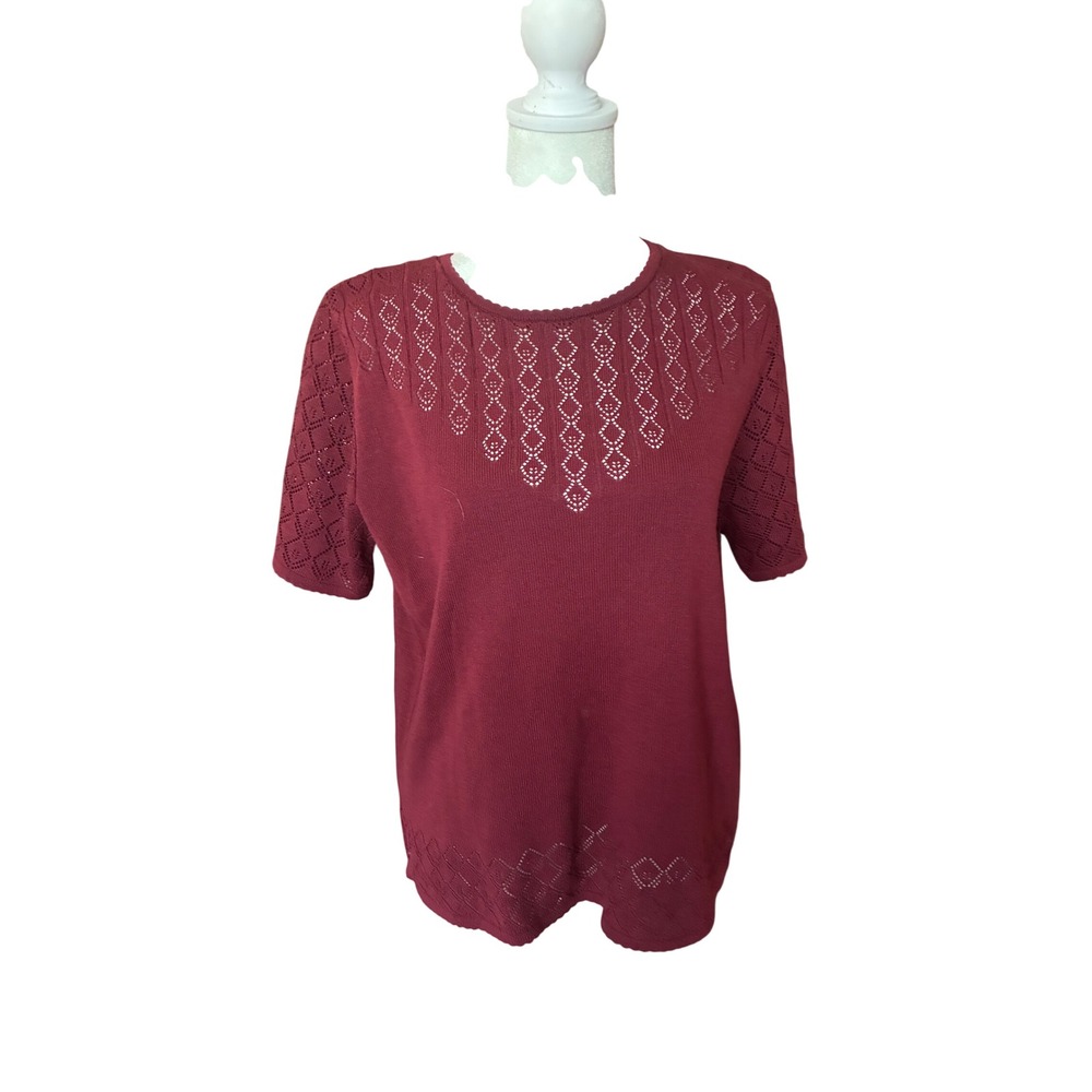 Alfred Dunner Womens Petite XL Burgundy Pointelle Knit Short Sleeve Sweater USA